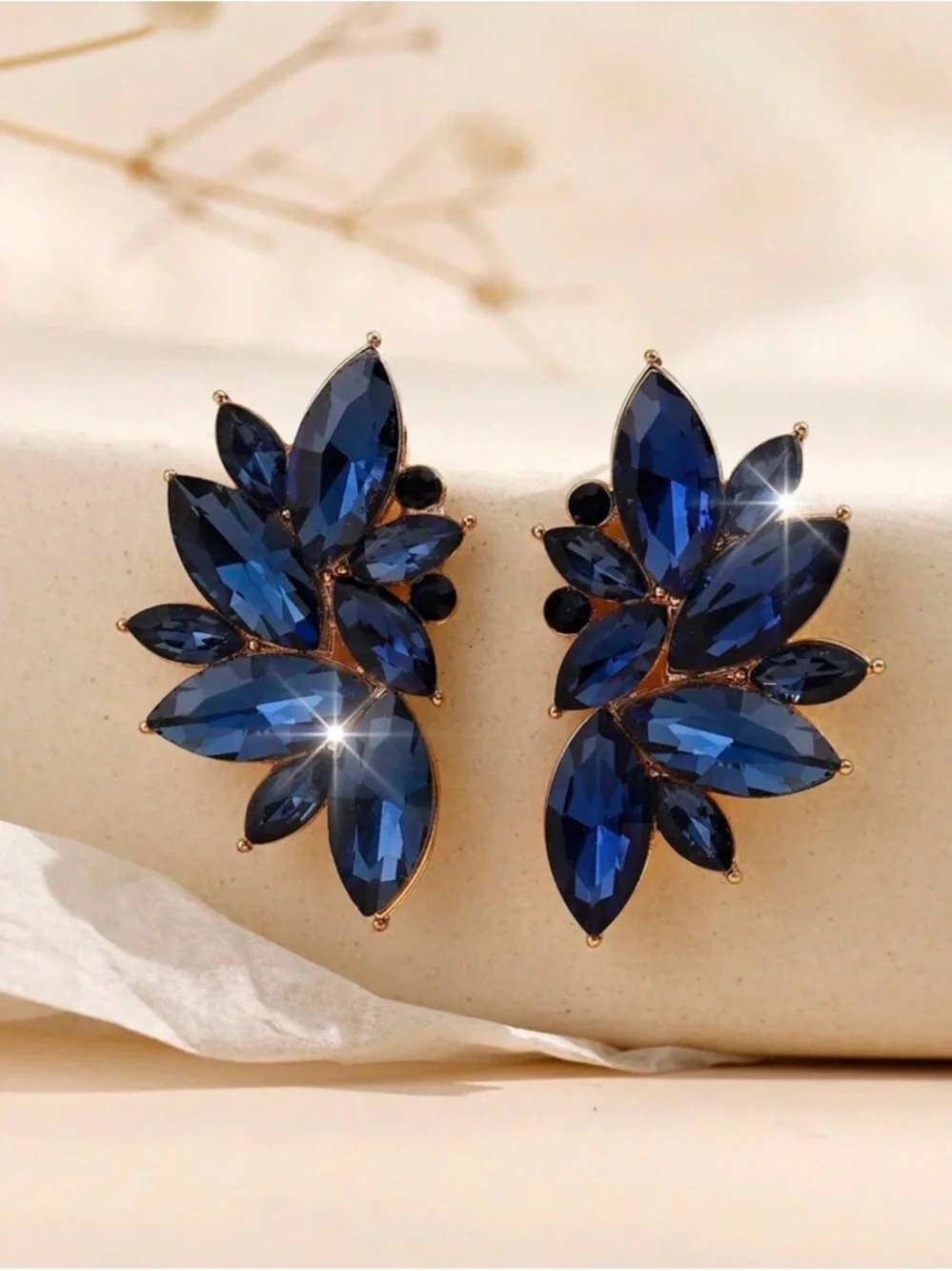 Elegant Navy Blue Crystal Cluster Statement Earrings - Women Jewelry